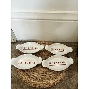 Set Of 4 Vintage White Apple Pattern Oval Au Gratin Ceramic Baking Dishes 9 X 5
